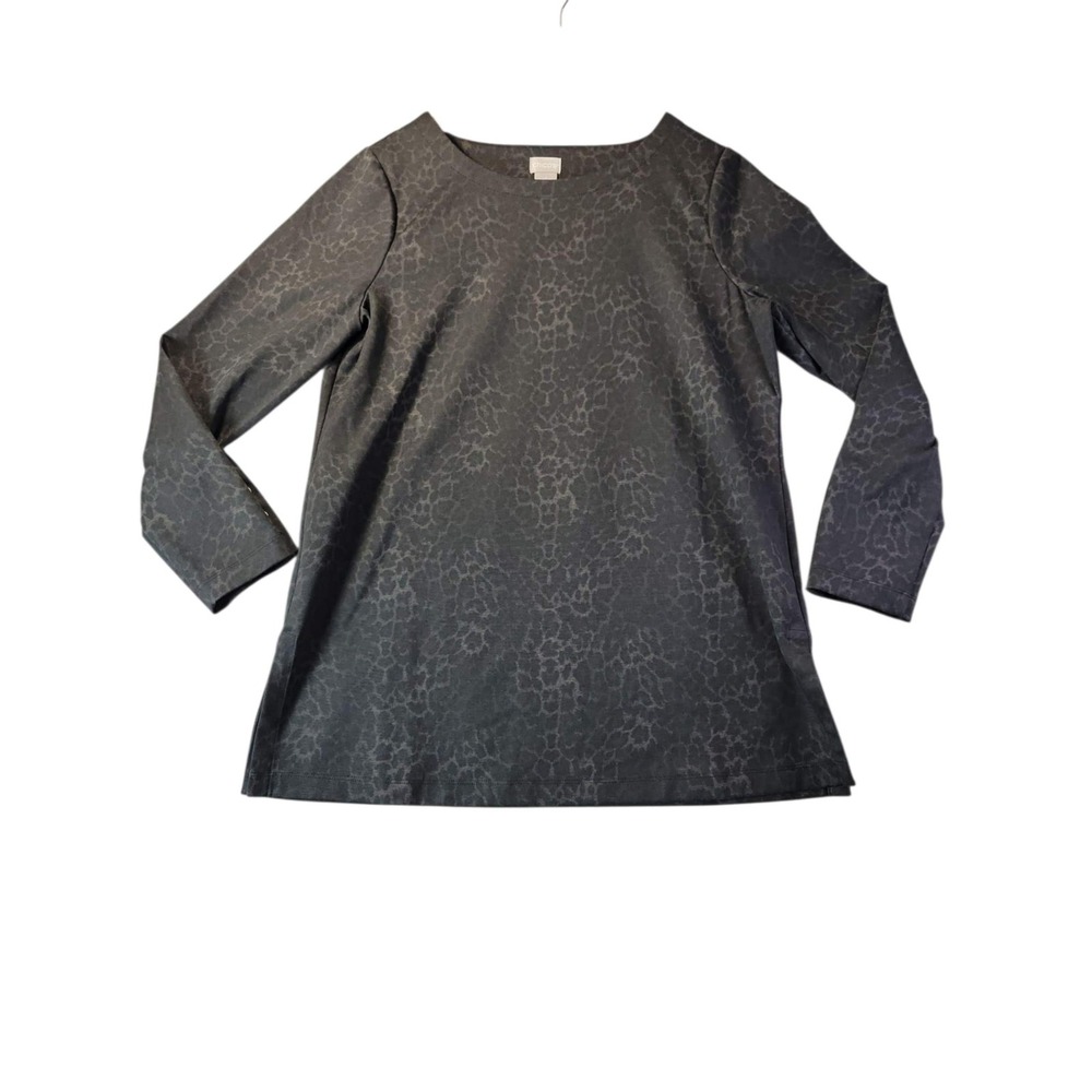 Chico's 1 M Black Gray Tonal Animal Print Button Cuff Tunic Top Stretchy